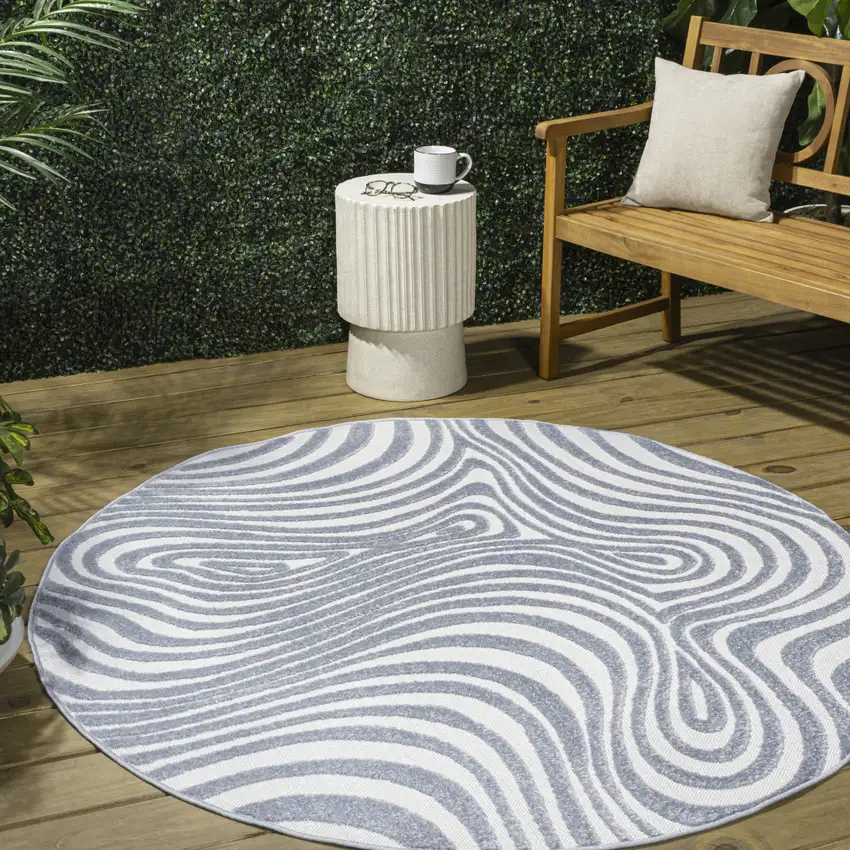 7' Light Blue And Ivory Round Abstract Indoor Outdoor Area Rug Photo 5