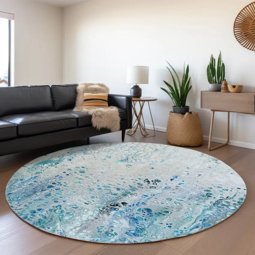 8' Light Blue And Ivory Round Abstract Washable Indoor Outdoor Area Rug Photo 7