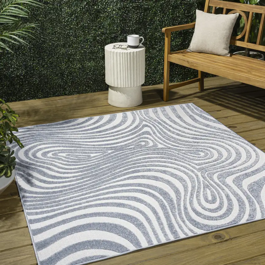 8' Light Blue And Ivory Square Abstract Indoor Outdoor Area Rug Photo 5