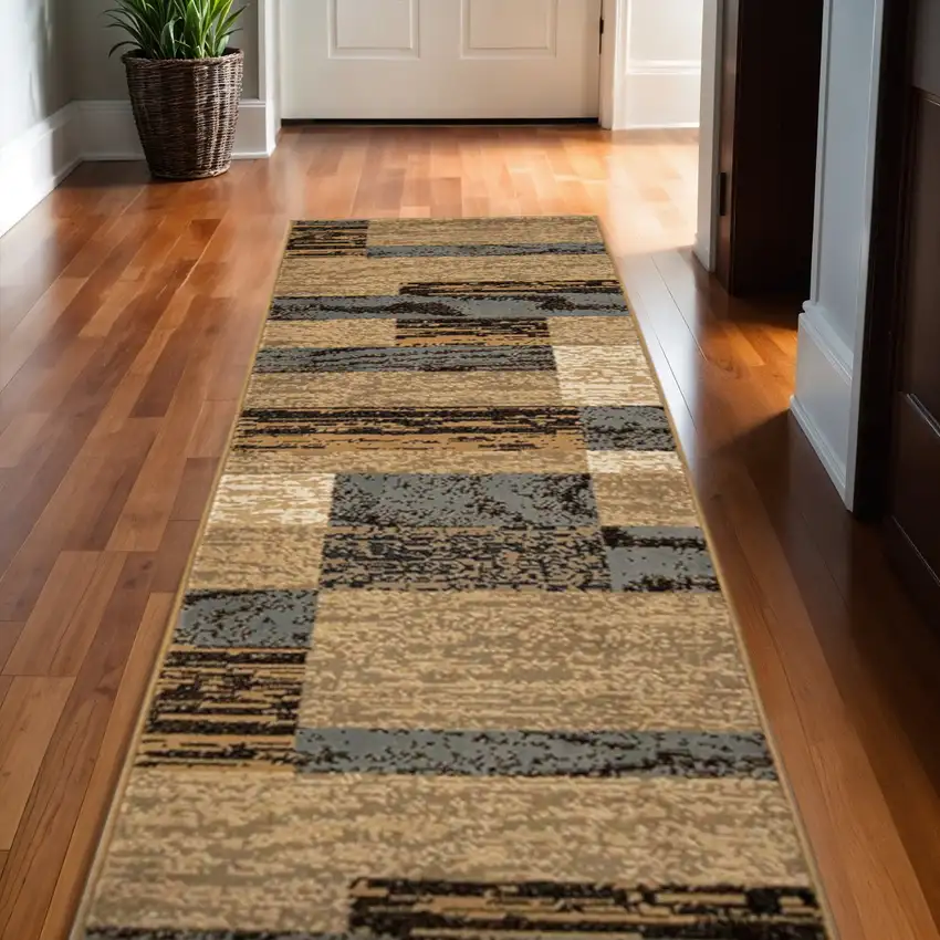 10' Blue And Beige Patchwork Runner Rug Photo 1