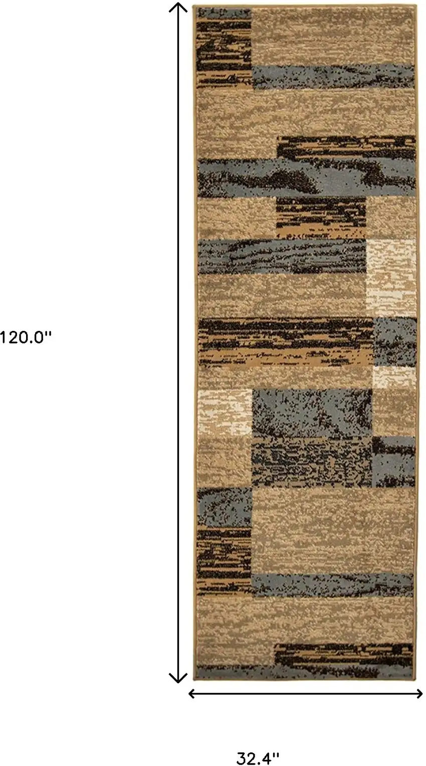 10' Light Blue-Beige Patchwork Power Loom Stain Resistant Runner Rug Photo 8