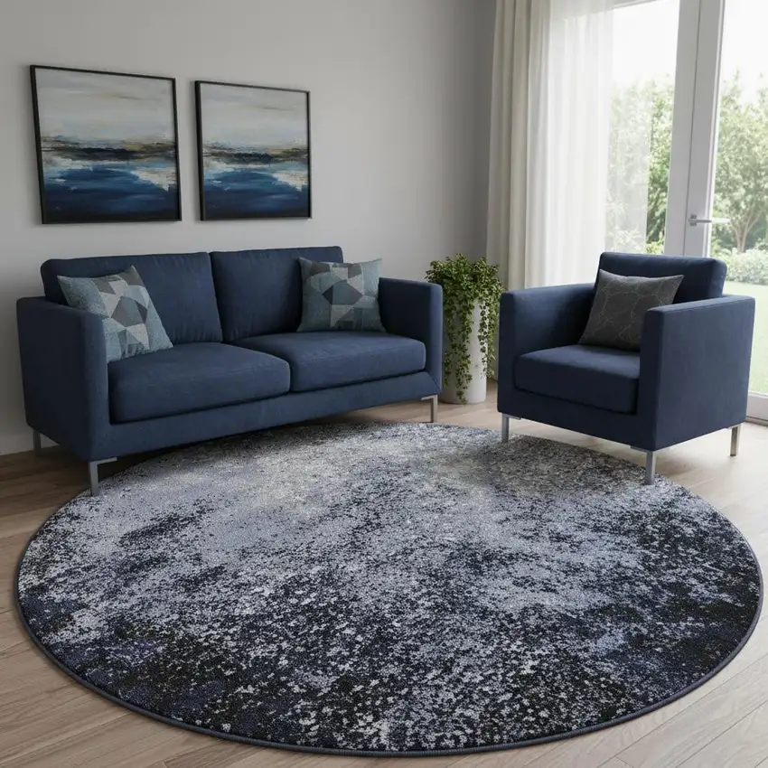 8' Light Blue Black And Gray Abstract Round Rug Photo 1