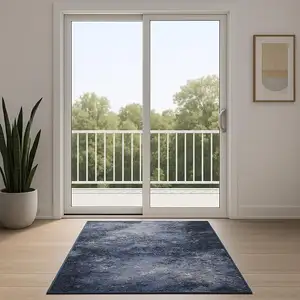 Photo of 6' Light Blue Black And Ivory Abstract Non Skid Runner Rug