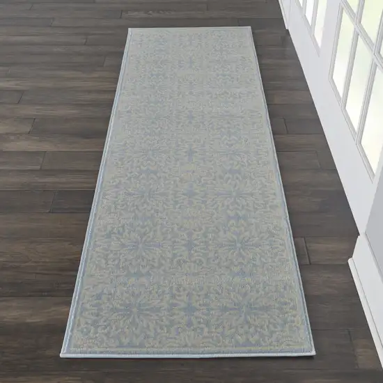 7' Light Blue Floral Power Loom Runner Rug Photo 5