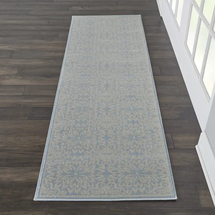 7' Light Blue Floral Power Loom Runner Rug Photo 5