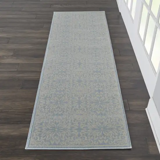 7' Light Blue Floral Power Loom Runner Rug Photo 4