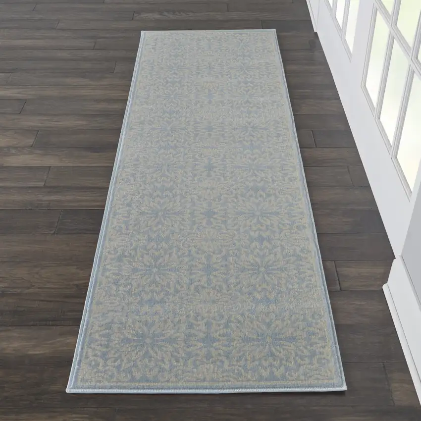7' Light Blue Floral Power Loom Runner Rug Photo 4