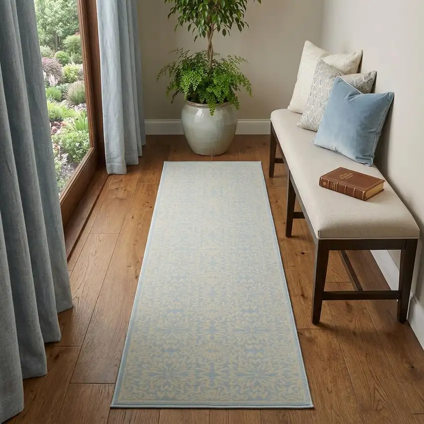 7' Light Blue Floral Power Loom Runner Rug Photo 1