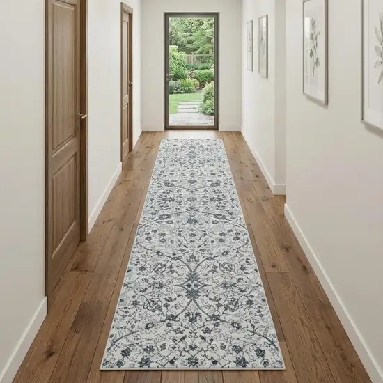 10' Charcoal And Ivory Floral Runner Rug Photo 1