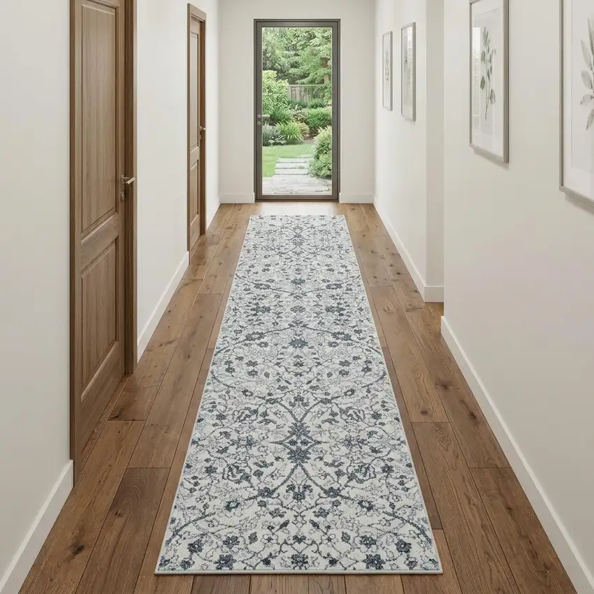 10' Charcoal And Ivory Floral Runner Rug Photo 1