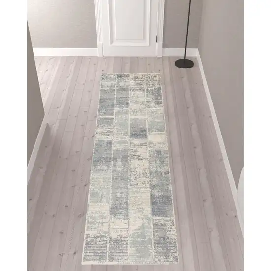 10' Light Blue Geometric Power Loom Runner Rug With Fringe Photo 2