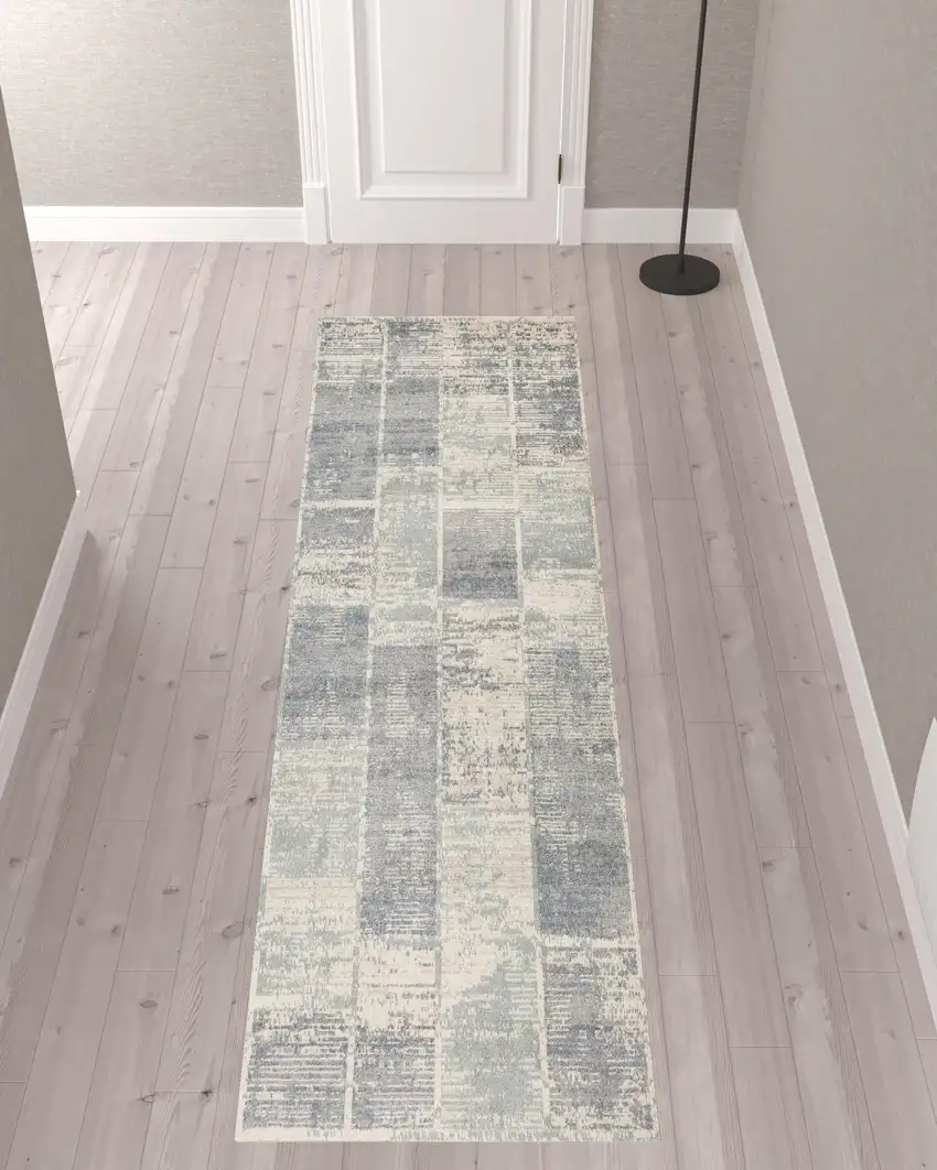 10' Light Blue Geometric Power Loom Runner Rug With Fringe Photo 2