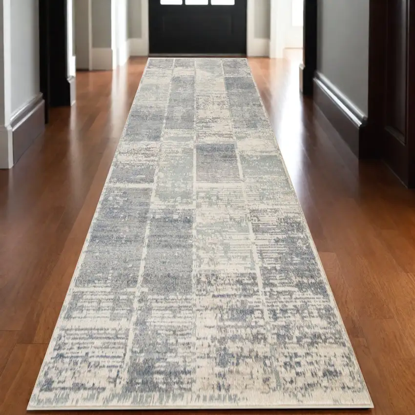 10' Gray and Light Blue Geometric Power Loom Runner Rug Photo 1