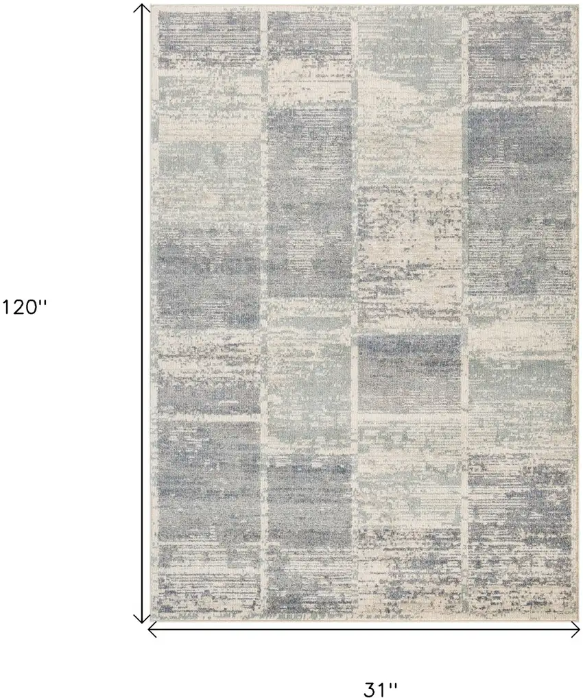 10' Light Blue Geometric Power Loom Runner Rug With Fringe Photo 5