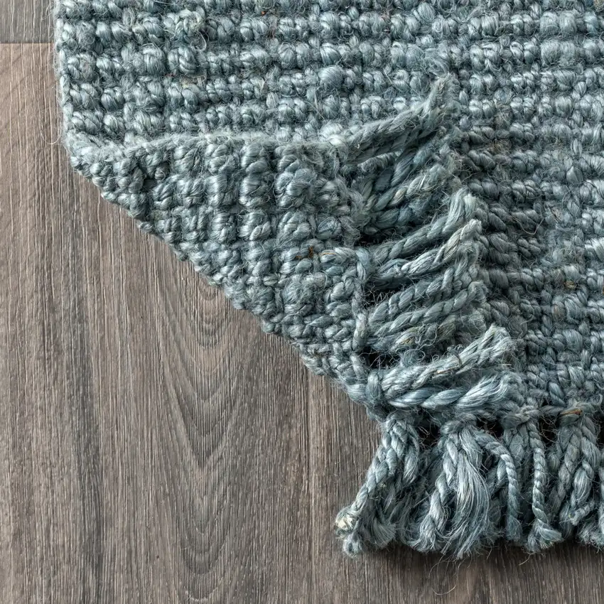 14' Light Blue Jute Handmade Runner Rug With Fringe Photo 9