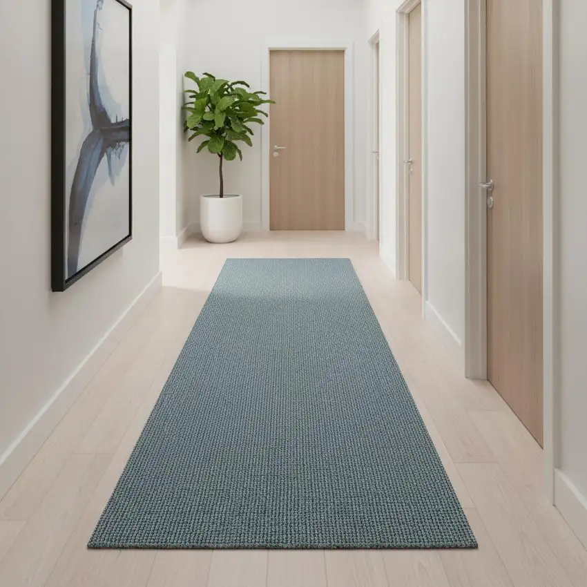 16' Light Blue Jute Handmade Runner Rug With Fringe Photo 2