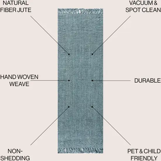 16' Light Blue Jute Handmade Runner Rug With Fringe Photo 7