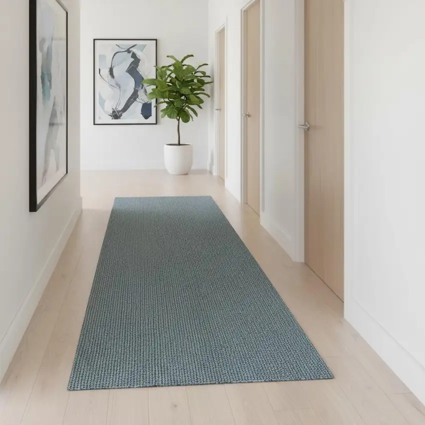 18' Light Blue Jute Handmade Runner Rug With Fringe Photo 2