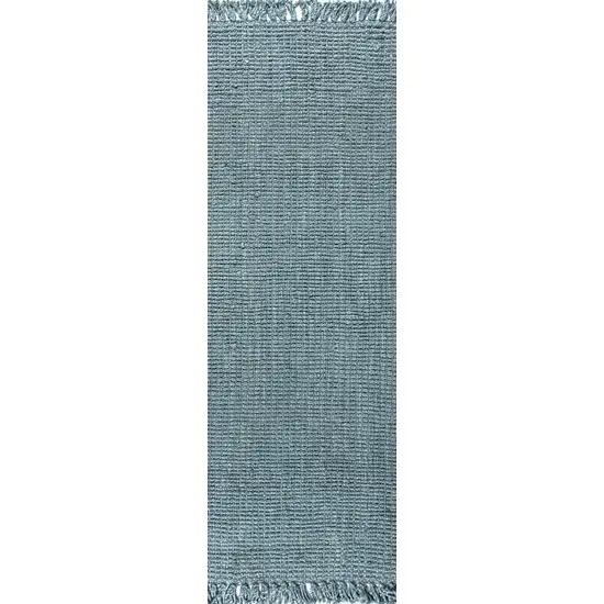 20' Light Blue Jute Handmade Runner Rug With Fringe Photo 7