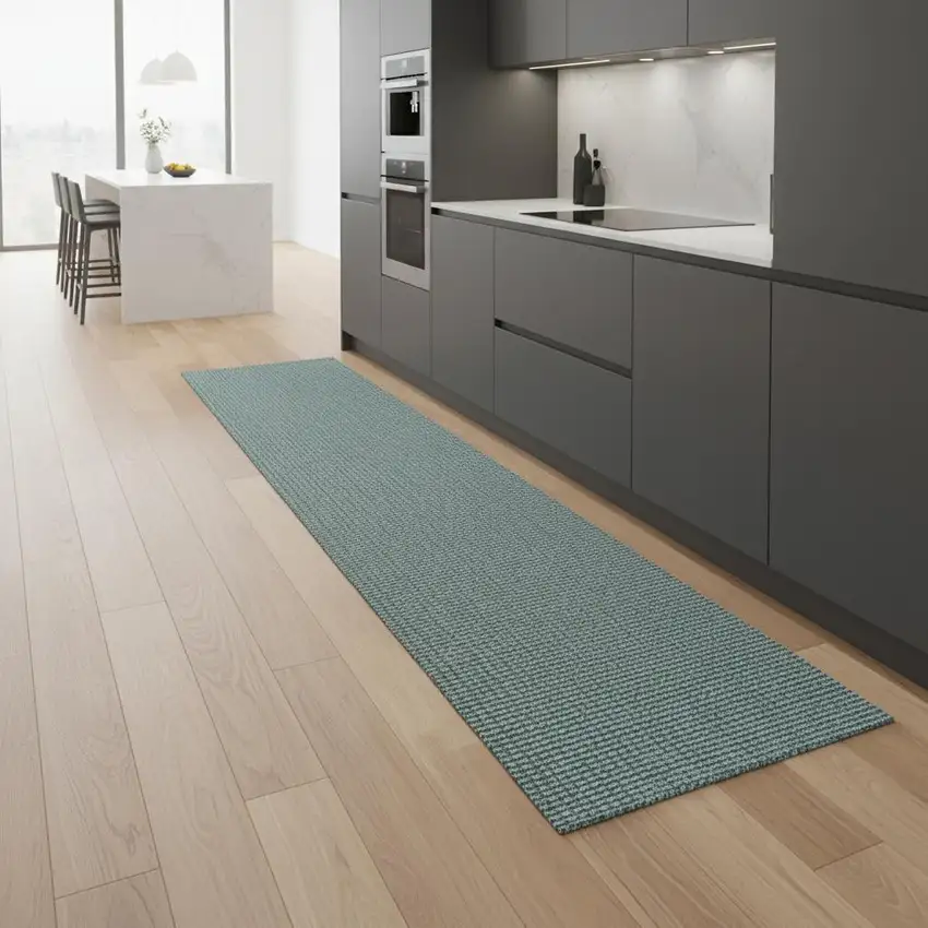 8' Light Blue Jute Handmade Runner Rug With Fringe Photo 2