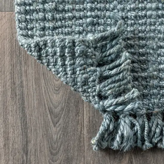 8' Light Blue Jute Handmade Runner Rug With Fringe Photo 9