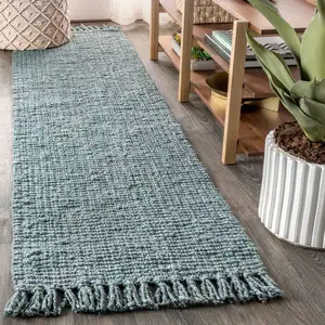 Photo of 10' Light Blue Jute Handmade Runner Rug With Fringe