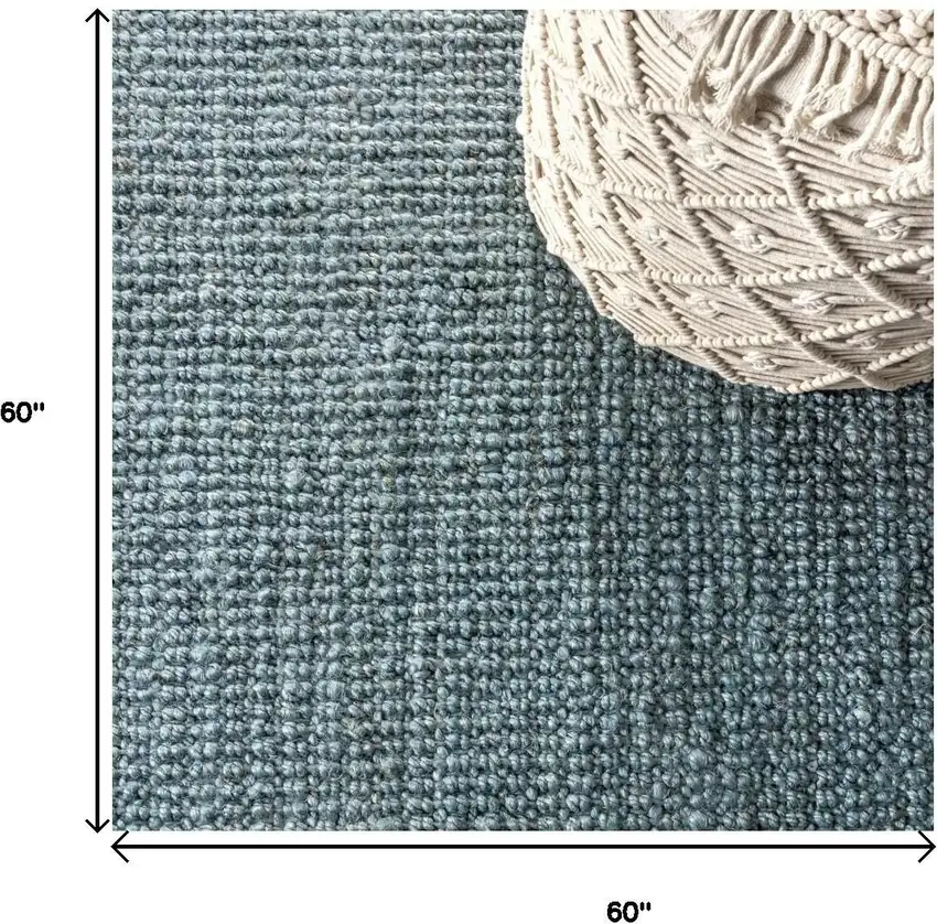 5' Light Blue Jute Handmade Square Rug With Fringe Photo 9