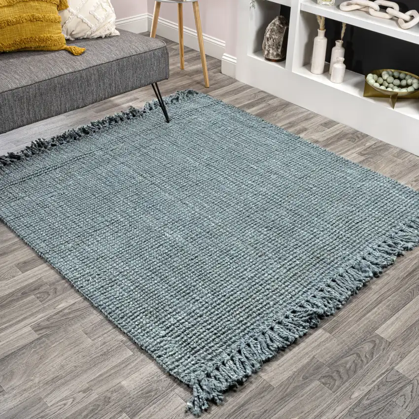 6' Light Blue Jute Handmade Square Rug With Fringe Photo 3