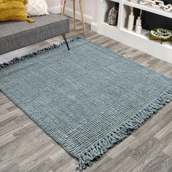 7' Light Blue Jute Handmade Square Rug With Fringe Photo 2