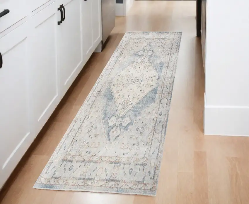 8' Light Blue Oriental Power Loom Distressed Washable Runner Rug Photo 2