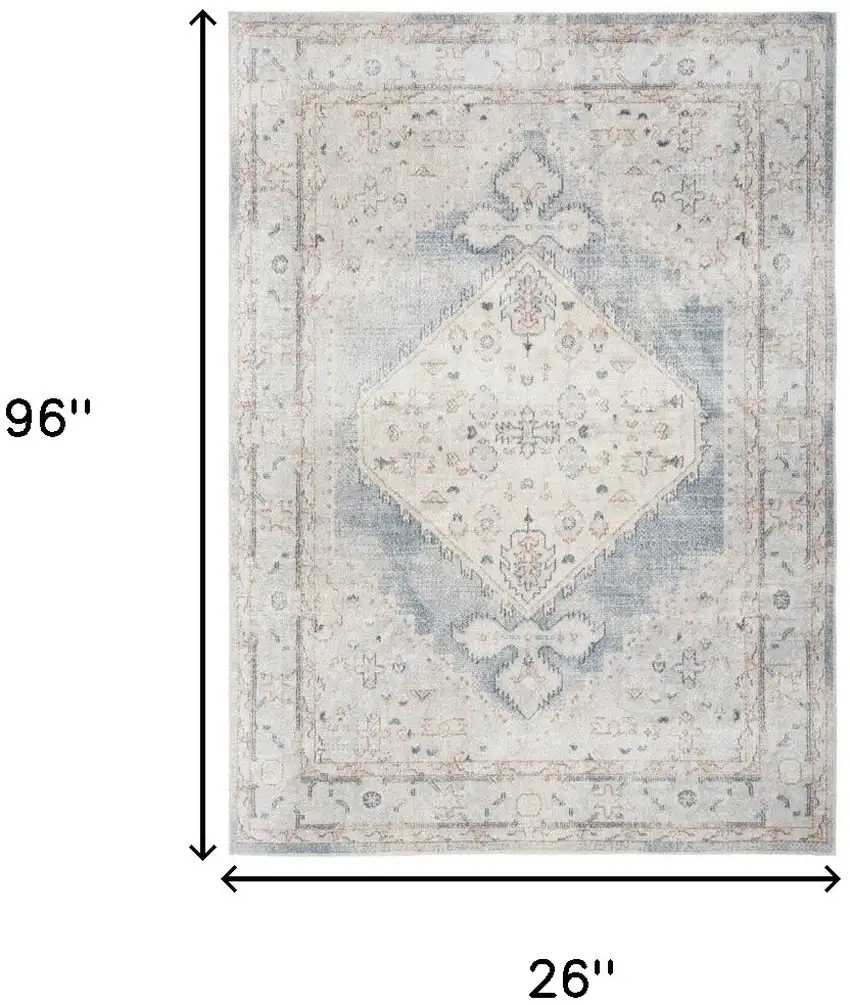 8' Light Blue Oriental Power Loom Distressed Washable Runner Rug Photo 6
