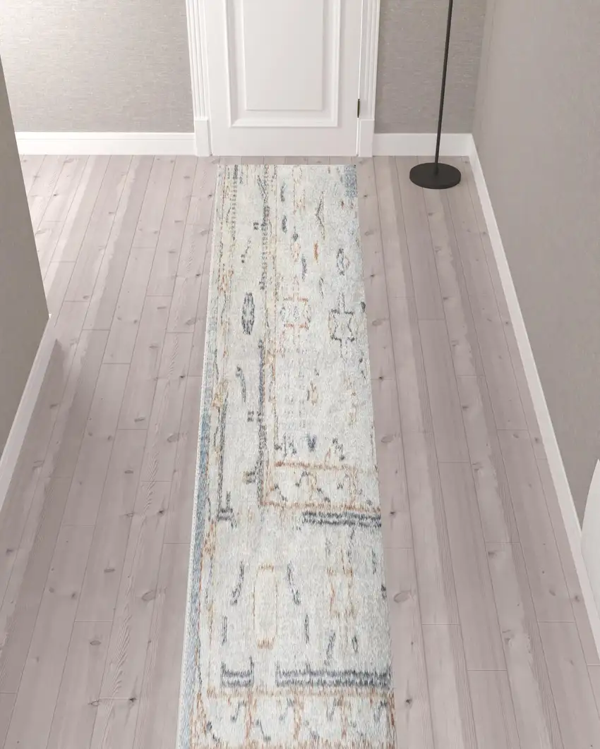 12' Light Blue Oriental Power Loom Distressed Washable Runner Rug Photo 2