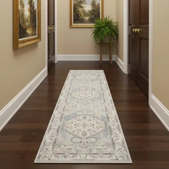 12' Light Blue Oriental Power Loom Distressed Washable Runner Rug Photo 1