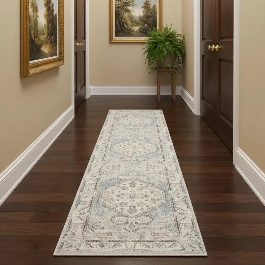 12' Light Blue Oriental Power Loom Distressed Washable Runner Rug Photo 1