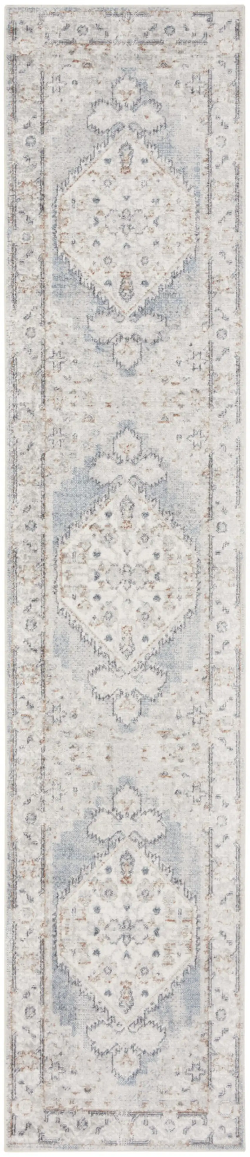 12' Light Blue Oriental Power Loom Distressed Washable Runner Rug Photo 1