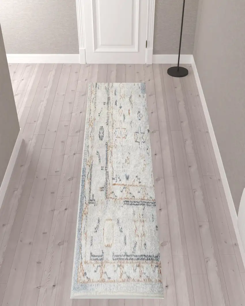 10' Light Blue Oriental Power Loom Distressed Washable Runner Rug Photo 2