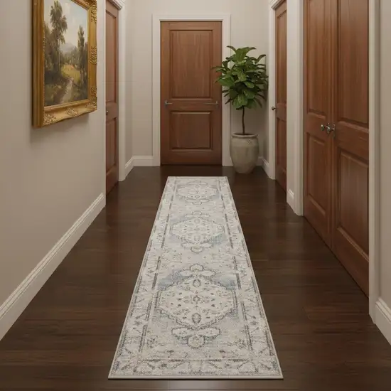 10' Light Blue Oriental Power Loom Distressed Washable Runner Rug Photo 1