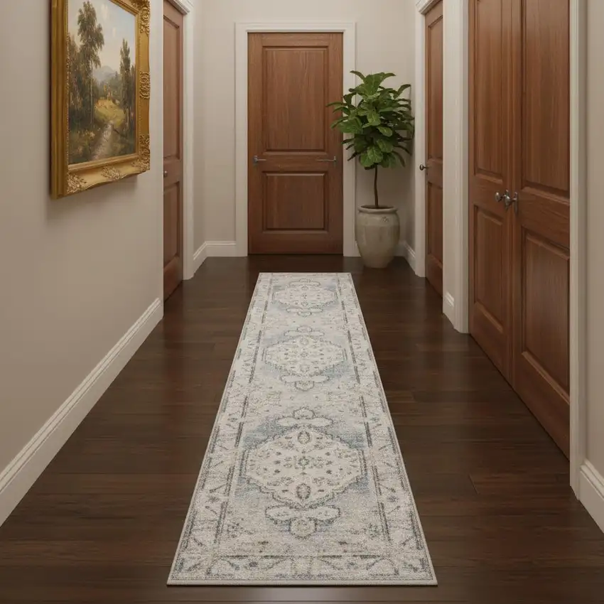 10' Light Blue Oriental Power Loom Distressed Washable Runner Rug Photo 1