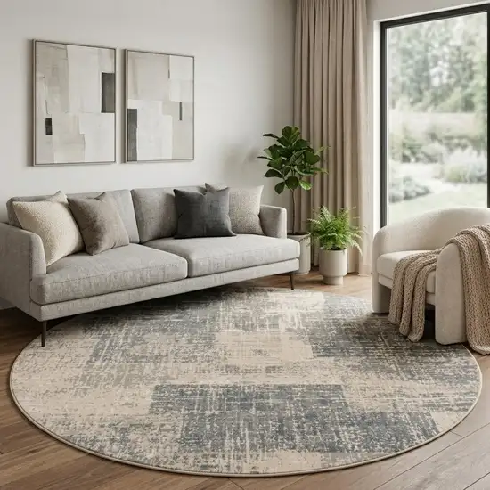 8' Gray And Sand Abstract Round Rug Photo 1
