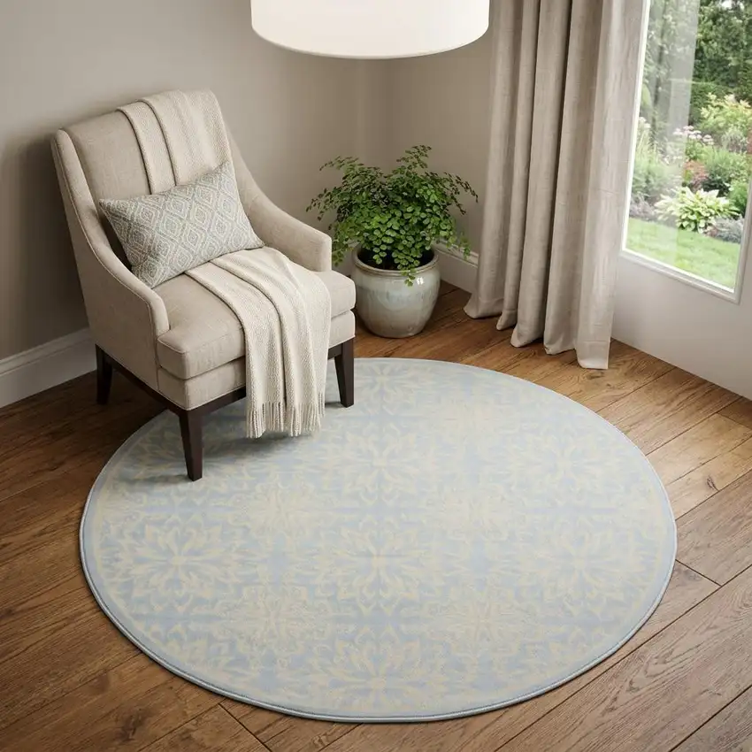 5' Light Blue Round Floral Power Loom Area Rug Photo 1