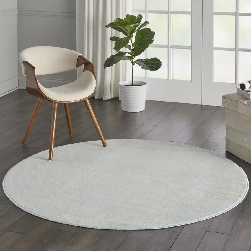 5' Light Blue Round Floral Power Loom Area Rug Photo 8