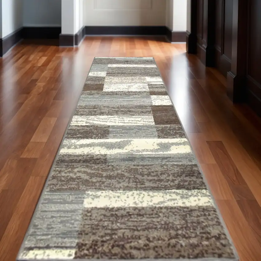 12' Blue And Ivory Patchwork Runner Rug Photo 1