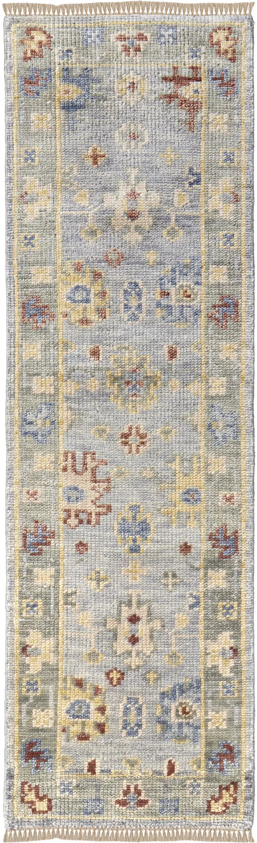 10' Light Blue and Taupe Wool Floral Hand Knotted Runner Rug With Fringe Photo 2