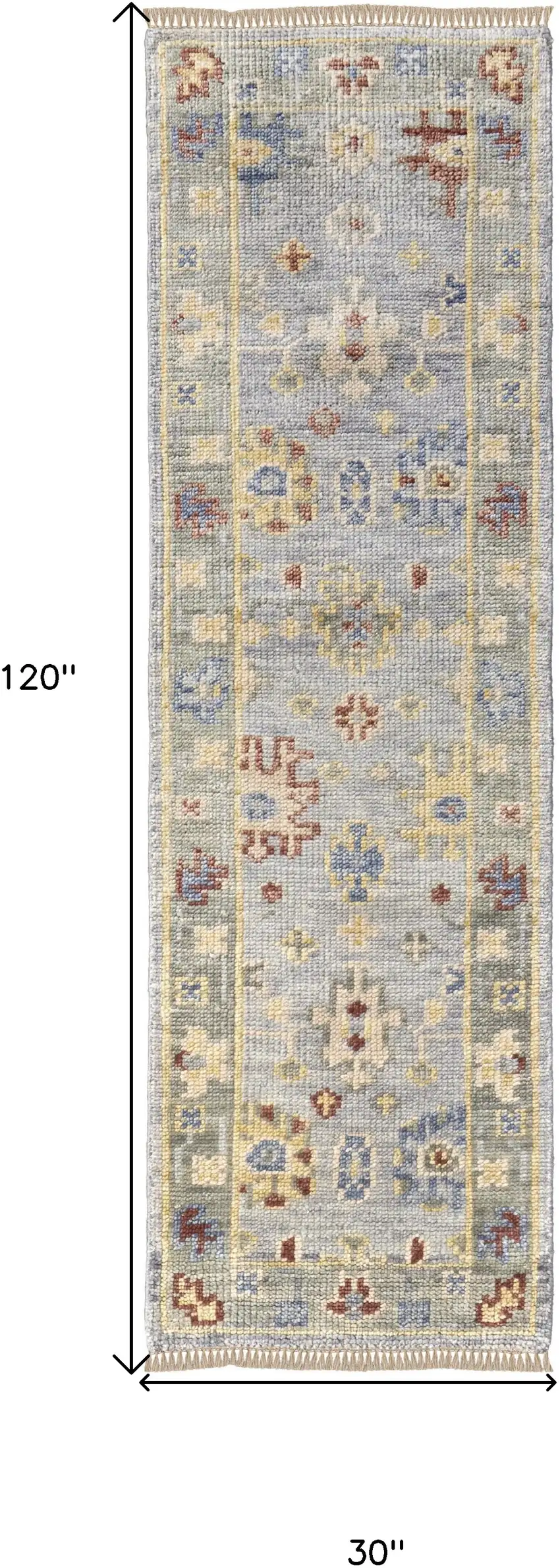 10' Light Blue and Taupe Wool Floral Hand Knotted Runner Rug With Fringe Photo 3