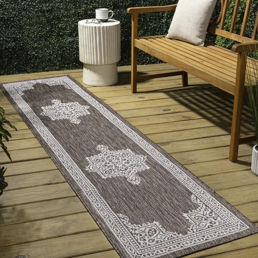 8' Light Brown And Cream Medallion Indoor Outdoor Runner Rug Photo 5