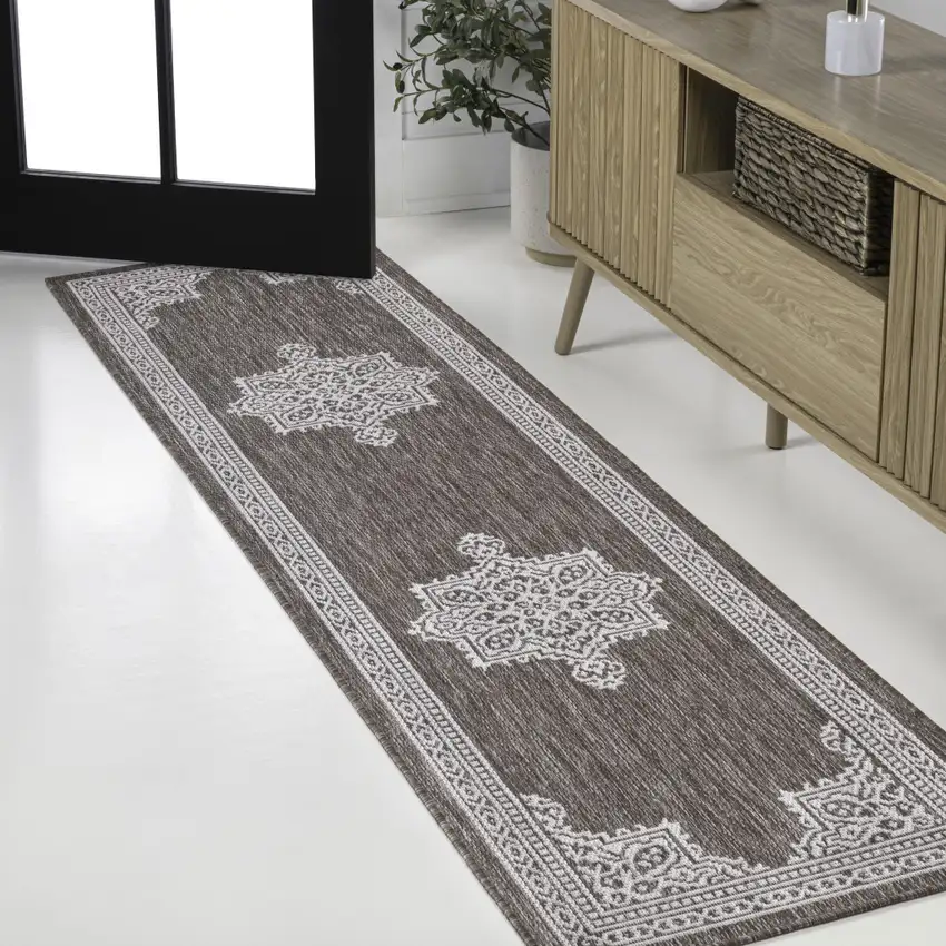 8' Light Brown And Cream Medallion Indoor Outdoor Runner Rug Photo 4