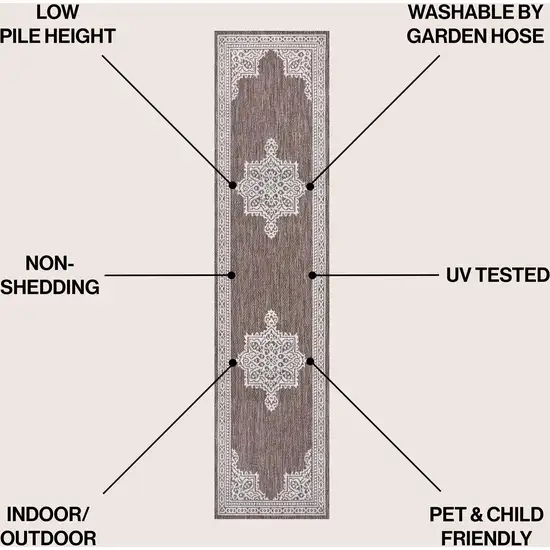 8' Light Brown And Cream Medallion Indoor Outdoor Runner Rug Photo 7