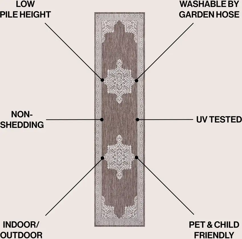 8' Light Brown And Cream Medallion Indoor Outdoor Runner Rug Photo 7