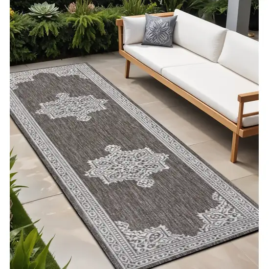 8' Light Brown And Cream Medallion Indoor Outdoor Runner Rug Photo 1