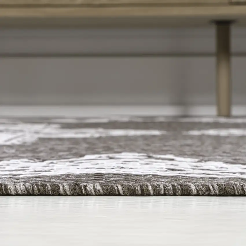 8' Light Brown And Cream Medallion Indoor Outdoor Runner Rug Photo 9